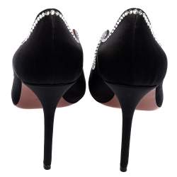 Pre Owned Amina Muaddi Black Satin Romy Crystal-Embellished Pointed-Toe Pumps Size 38.5