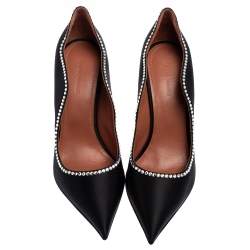 Pre Owned Amina Muaddi Black Satin Romy Crystal-Embellished Pointed-Toe Pumps Size 38.5