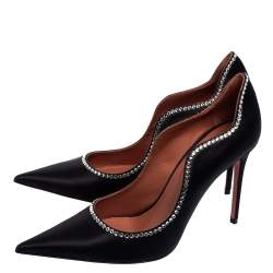 Pre Owned Amina Muaddi Black Satin Romy Crystal-Embellished Pointed-Toe Pumps Size 38.5