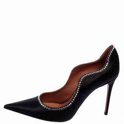 Pre Owned Amina Muaddi Black Satin Romy Crystal-Embellished Pointed-Toe Pumps Size 38.5
