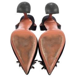 Pre Owned Amina Muaddi Black Satin Begum Crystal-Embellished Slingback Pumps Size 38