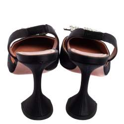 Pre Owned Amina Muaddi Black Satin Begum Crystal-Embellished Slingback Pumps Size 38