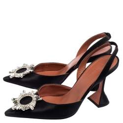 Pre Owned Amina Muaddi Black Satin Begum Crystal-Embellished Slingback Pumps Size 38