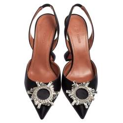 Pre Owned Amina Muaddi Black Satin Begum Crystal-Embellished Slingback Pumps Size 38