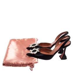 Pre Owned Amina Muaddi Black Satin Begum Crystal-Embellished Slingback Pumps Size 38