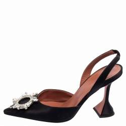 Pre Owned Amina Muaddi Black Satin Begum Crystal-Embellished Slingback Pumps Size 38