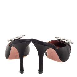 Pre Owned Amina Muaddi Black Satin Crystal Embellished Mules Sandals Size 38