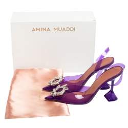 Pre Owned Amina Muaddi Purple PVC Begum Glass Slingback Pumps Size 39