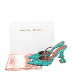 Pre Owned Amina Muaddi Green Glitter Crystal Embellished Gilda Mules Size 39.5