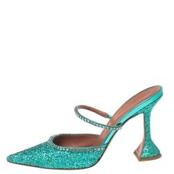 Pre Owned Amina Muaddi Green Glitter Crystal Embellished Gilda Mules Size 39.5