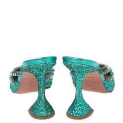 Pre Owned Amina Muaddi Green Glitter Crystal Embellished Gilda Mules Size 39.5