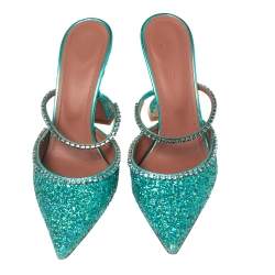 Pre Owned Amina Muaddi Green Glitter Crystal Embellished Gilda Mules Size 39.5