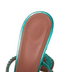 Pre Owned Amina Muaddi Green Glitter Crystal Embellished Gilda Mules Size 39.5