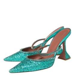 Pre Owned Amina Muaddi Green Glitter Crystal Embellished Gilda Mules Size 39.5