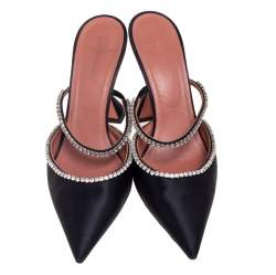 Pre Owned Amina Muaddi Black Satin Gilda Mules Size 41
