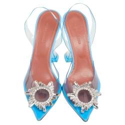 Pre Owned Amina Muaddi Blue PVC Begum Slingback Pumps Size 36.5
