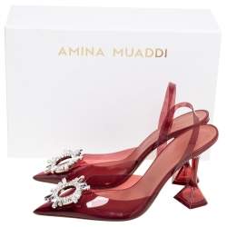 Pre Owned Amina Muaddi Burgundy PVC Begum Glass Slingback Pumps Size 38.5