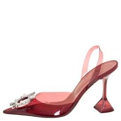 Pre Owned Amina Muaddi Burgundy PVC Begum Glass Slingback Pumps Size 38.5
