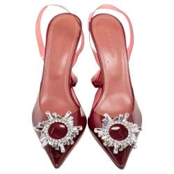 Pre Owned Amina Muaddi Burgundy PVC Begum Glass Slingback Pumps Size 38.5