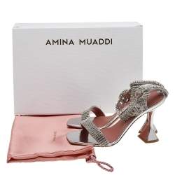 Amina Muaddi Silver Crystal Embellished Leather Jah Jah Ankle Strap Sandals Size 37.5