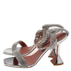Amina Muaddi Silver Crystal Embellished Leather Jah Jah Ankle Strap Sandals Size 37.5