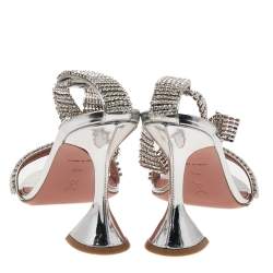 Amina Muaddi Silver Crystal Embellished Leather Jah Jah Ankle Strap Sandals Size 37.5