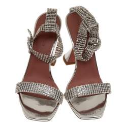 Amina Muaddi Silver Crystal Embellished Leather Jah Jah Ankle Strap Sandals Size 37.5