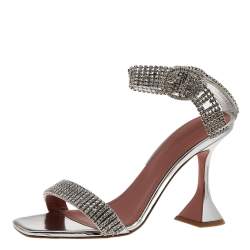 Amina Muaddi Silver Crystal Embellished Leather Jah Jah Ankle Strap Sandals Size 37.5