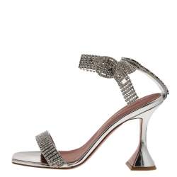 Amina Muaddi Silver Crystal Embellished Leather Jah Jah Ankle Strap Sandals Size 37.5