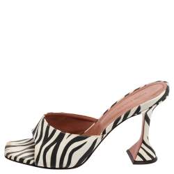 Pre Owned Amina Muaddi White/Black Zebra Print Satin Lupita Slide Sandals Size 40