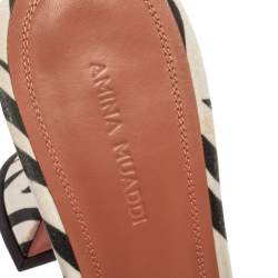 Pre Owned Amina Muaddi White/Black Zebra Print Satin Lupita Slide Sandals Size 40