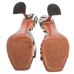 Pre Owned Amina Muaddi White/Black Zebra Print Satin Lupita Slide Sandals Size 40