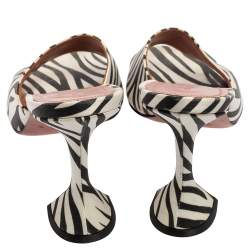 Pre Owned Amina Muaddi White/Black Zebra Print Satin Lupita Slide Sandals Size 40