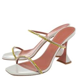 Pre Owned Amina Muaddi Grey Patent Leather Crystal Embellished Gilda Slide Sandals Size 41