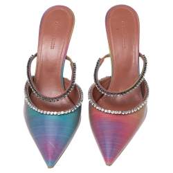 Pre Owned Amina Muaddi Iridescent PVC Crystal Embellished Gilda Mules Sandals Size 40