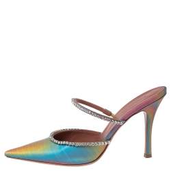 Pre Owned Amina Muaddi Iridescent PVC Crystal Embellished Gilda Mules Sandals Size 40