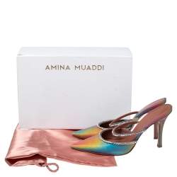 Pre Owned Amina Muaddi Iridescent PVC Crystal Embellished Gilda Mules Sandals Size 40