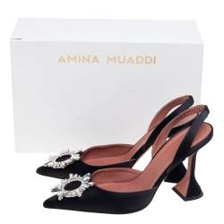 Pre Owned Amina Muaddi Black Satin Begum Crystal-Embellished Slingback Sandals Size 40