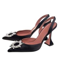 Pre Owned Amina Muaddi Black Satin Begum Crystal-Embellished Slingback Sandals Size 40