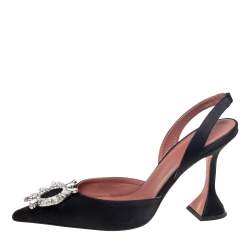 Pre Owned Amina Muaddi Black Satin Begum Crystal-Embellished Slingback Sandals Size 40