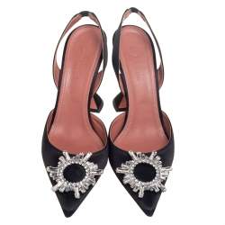 Pre Owned Amina Muaddi Black Satin Begum Crystal-Embellished Slingback Sandals Size 40