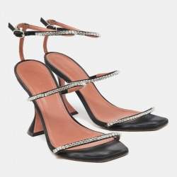 Amina Muaddi Black Crystal Embellished Satin Gilda Sandals Size 40
