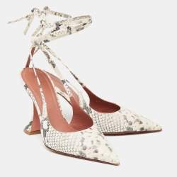 Amina Muaddi White/Black Python Embossed Leather Slingback Ankle-Tie Pointed-Toe Pumps Size 37