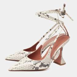 Amina Muaddi White/Black Python Embossed Leather Slingback Ankle-Tie Pointed-Toe Pumps Size 37