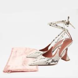 Amina Muaddi White/Black Python Embossed Leather Slingback Ankle-Tie Pointed-Toe Pumps Size 37