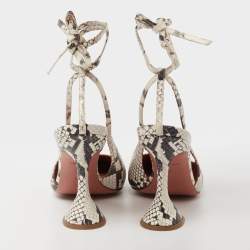 Amina Muaddi White/Black Python Embossed Leather Slingback Ankle-Tie Pointed-Toe Pumps Size 37