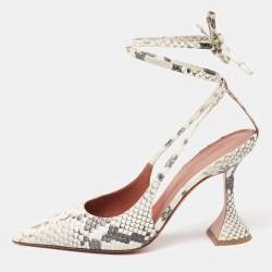 Amina Muaddi White/Black Python Embossed Leather Slingback Ankle-Tie Pointed-Toe Pumps Size 37