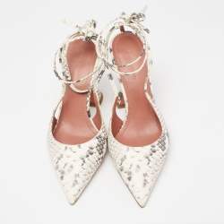 Amina Muaddi White/Black Python Embossed Leather Slingback Ankle-Tie Pointed-Toe Pumps Size 37