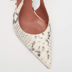 Amina Muaddi White/Black Python Embossed Leather Slingback Ankle-Tie Pointed-Toe Pumps Size 37