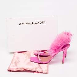 Pre Owned Amina Muaddi Pink Satin And Fur Crystal Embellished Sandals Size 38